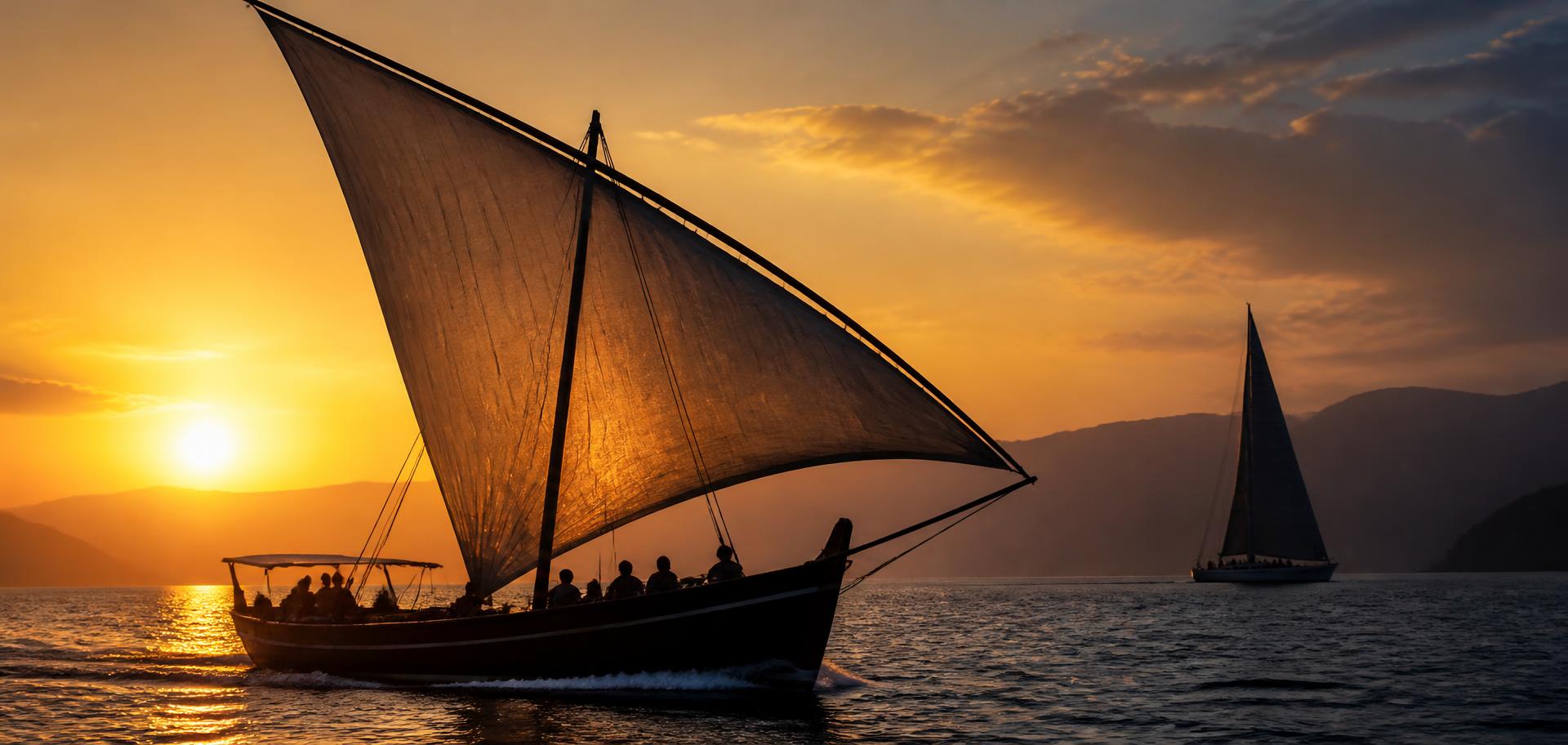 A traditional Omani dhow under sail at sunset with a modern yacht beyond