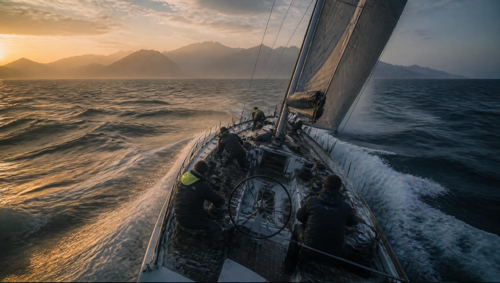 A crewed sailing yacht approaching the mountains of Oman at first light