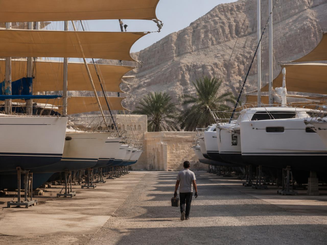 Yachts stored ashore under shade canopies in an Omani yard